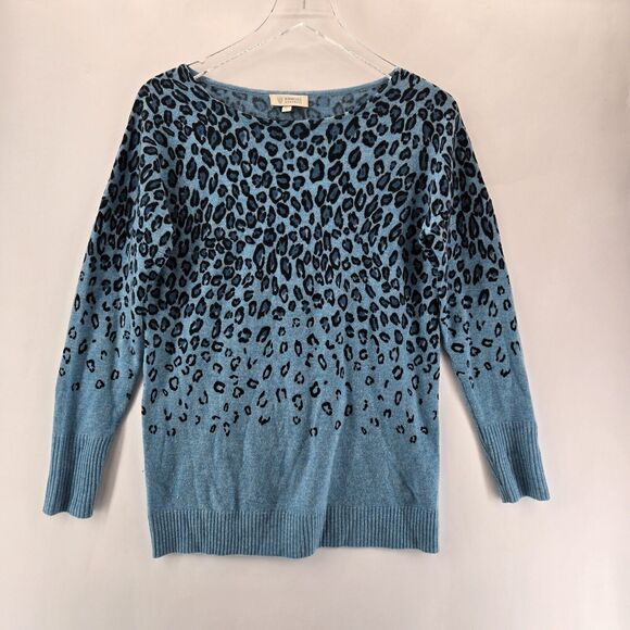 Kinross Cashmere Sweater Womens Small Blue Black Cheetah Animal Print 3/4 Sleeve - Picture 1 of 8
